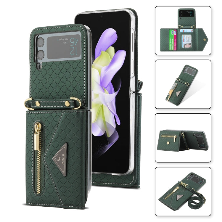 For Samsung Galaxy Z Flip3 5G POLA Grid Texture Multi-Card Slots Zipper Wallet Phone Case(Green)