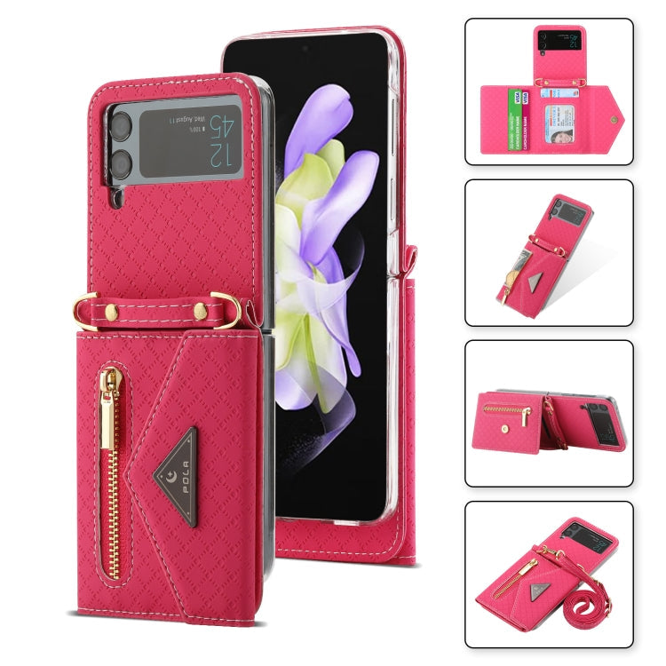 For Samsung Galaxy Z Flip3 5G POLA Grid Texture Multi-Card Slots Zipper Wallet Phone Case(Rose Red)