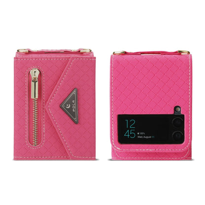 For Samsung Galaxy Z Flip3 5G POLA Grid Texture Multi-Card Slots Zipper Wallet Phone Case(Rose Red)