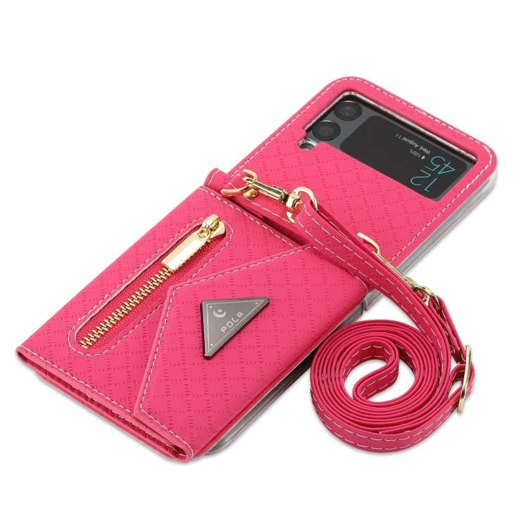 For Samsung Galaxy Z Flip3 5G POLA Grid Texture Multi-Card Slots Zipper Wallet Phone Case(Rose Red)