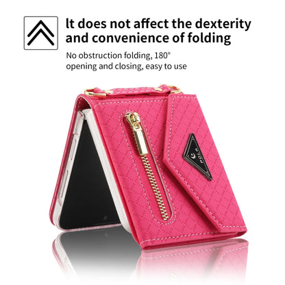 For Samsung Galaxy Z Flip3 5G POLA Grid Texture Multi-Card Slots Zipper Wallet Phone Case(Rose Red)