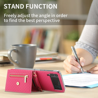 For Samsung Galaxy Z Flip3 5G POLA Grid Texture Multi-Card Slots Zipper Wallet Phone Case(Rose Red)