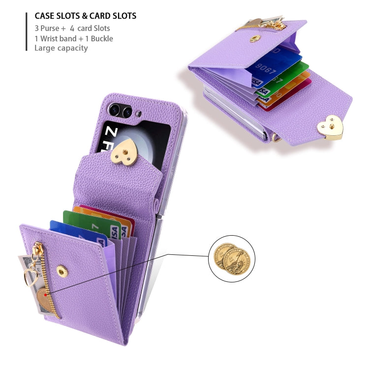 Pour Samsung Galaxy Z Flip5 POLA Texture Litchi Boucle Amour Multi-fentes pour Cartes Étui Portefeuille Zippé(Violet)