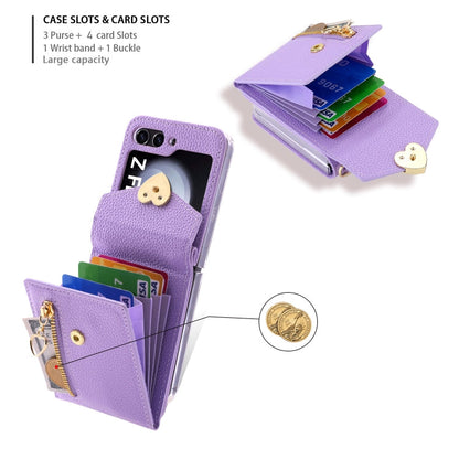 Pour Samsung Galaxy Z Flip5 POLA Texture Litchi Boucle Amour Multi-fentes pour Cartes Étui Portefeuille Zippé(Violet)