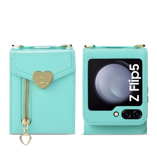 For Samsung Galaxy Z Flip5 POLA Litchi Texture Love Buckle Multi-Card Slots Zipper Wallet Phone Case(Blue)
