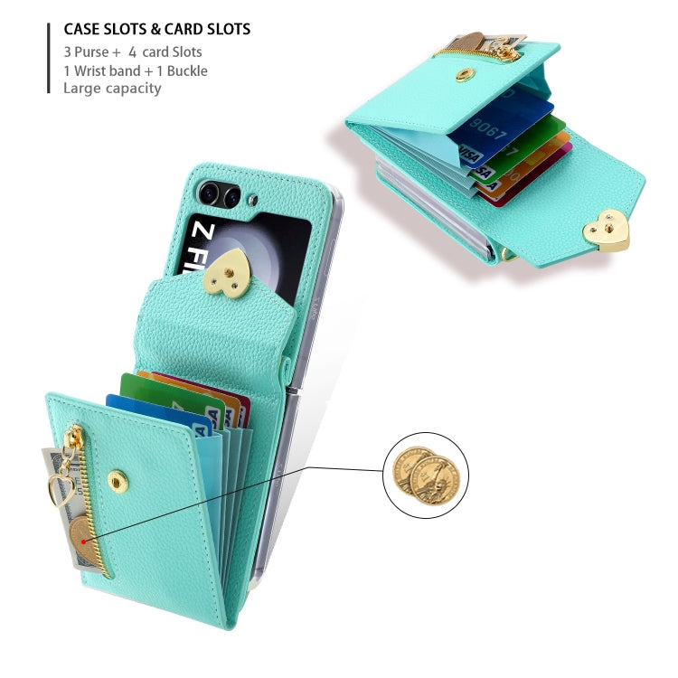 For Samsung Galaxy Z Flip5 POLA Litchi Texture Love Buckle Multi-Card Slots Zipper Wallet Phone Case(Blue)