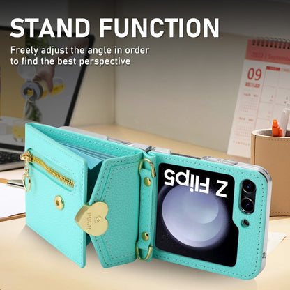 For Samsung Galaxy Z Flip5 POLA Litchi Texture Love Buckle Multi-Card Slots Zipper Wallet Phone Case(Blue)