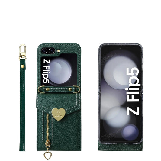 For Samsung Galaxy Z Flip5 POLA Litchi Texture Love Buckle Multi-Card Slots Zipper Wallet Phone Case(Green)