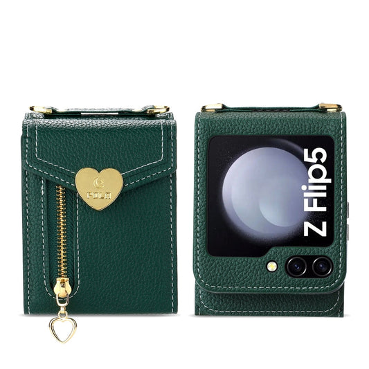 For Samsung Galaxy Z Flip5 POLA Litchi Texture Love Buckle Multi-Card Slots Zipper Wallet Phone Case(Green)