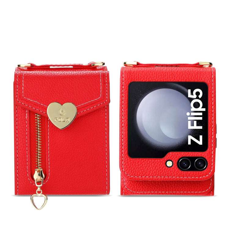 For Samsung Galaxy Z Flip5 POLA Litchi Texture Love Buckle Multi-Card Slots Zipper Wallet Phone Case(Red)