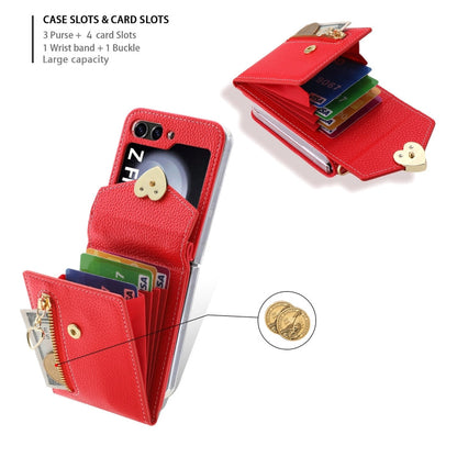For Samsung Galaxy Z Flip5 POLA Litchi Texture Love Buckle Multi-Card Slots Zipper Wallet Phone Case(Red)
