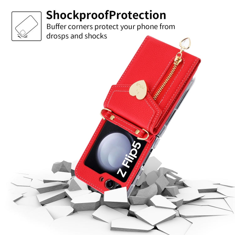 For Samsung Galaxy Z Flip5 POLA Litchi Texture Love Buckle Multi-Card Slots Zipper Wallet Phone Case(Red)