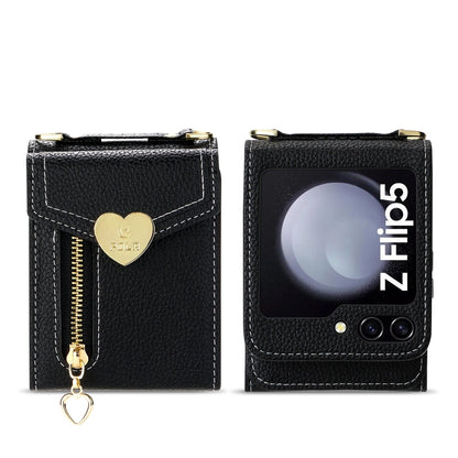For Samsung Galaxy Z Flip5 POLA Litchi Texture Love Buckle Multi-Card Slots Zipper Wallet Phone Case(Black)