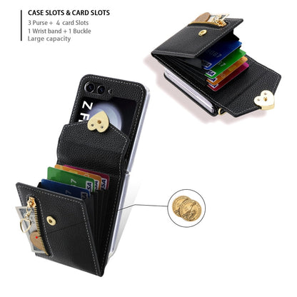 For Samsung Galaxy Z Flip5 POLA Litchi Texture Love Buckle Multi-Card Slots Zipper Wallet Phone Case(Black)