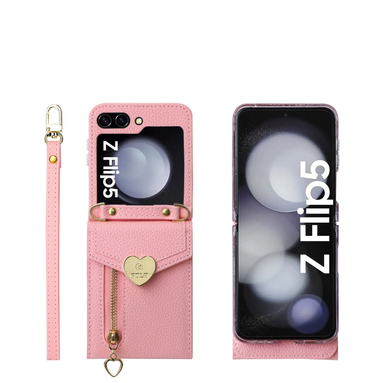 For Samsung Galaxy Z Flip5 POLA Litchi Texture Love Buckle Multi-Card Slots Zipper Wallet Phone Case(Pink)