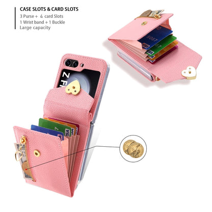 For Samsung Galaxy Z Flip5 POLA Litchi Texture Love Buckle Multi-Card Slots Zipper Wallet Phone Case(Pink)