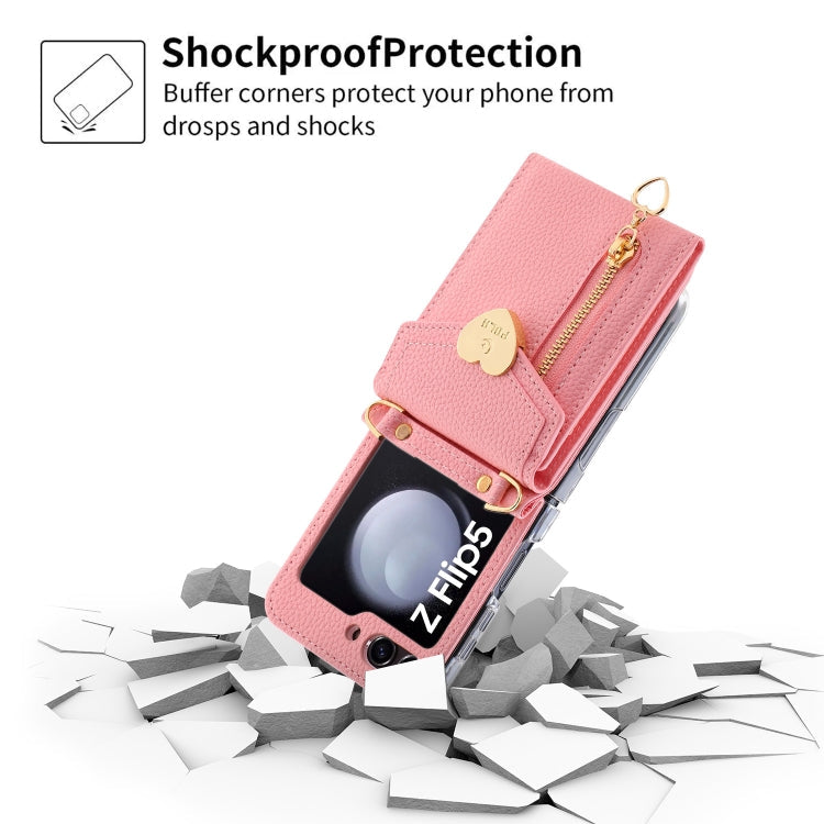 For Samsung Galaxy Z Flip5 POLA Litchi Texture Love Buckle Multi-Card Slots Zipper Wallet Phone Case(Pink)