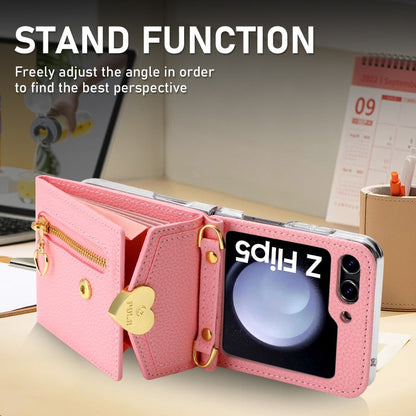 For Samsung Galaxy Z Flip5 POLA Litchi Texture Love Buckle Multi-Card Slots Zipper Wallet Phone Case(Pink)