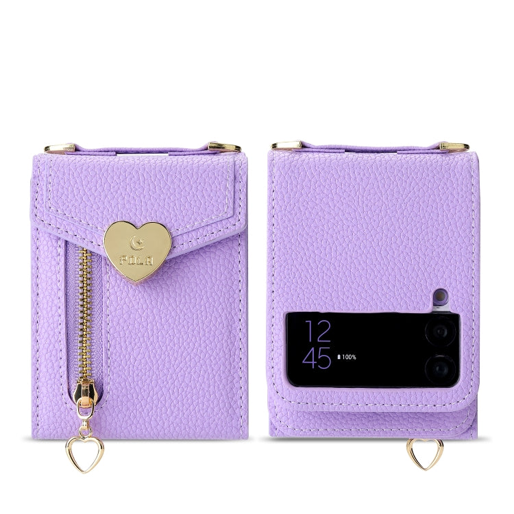 For Samsung Galaxy Z Flip4 POLA Litchi Texture Love Buckle Multi-Card Slots Zipper Wallet Phone Case(Purple)
