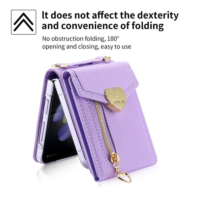 For Samsung Galaxy Z Flip4 POLA Litchi Texture Love Buckle Multi-Card Slots Zipper Wallet Phone Case(Purple)