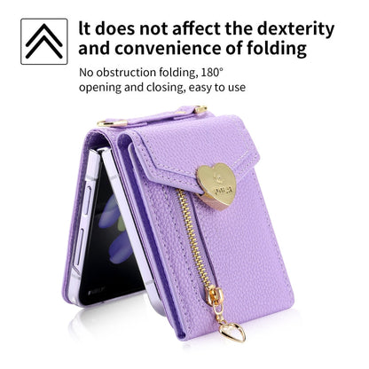 For Samsung Galaxy Z Flip4 POLA Litchi Texture Love Buckle Multi-Card Slots Zipper Wallet Phone Case(Purple)