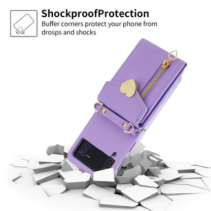 For Samsung Galaxy Z Flip4 POLA Litchi Texture Love Buckle Multi-Card Slots Zipper Wallet Phone Case(Purple)