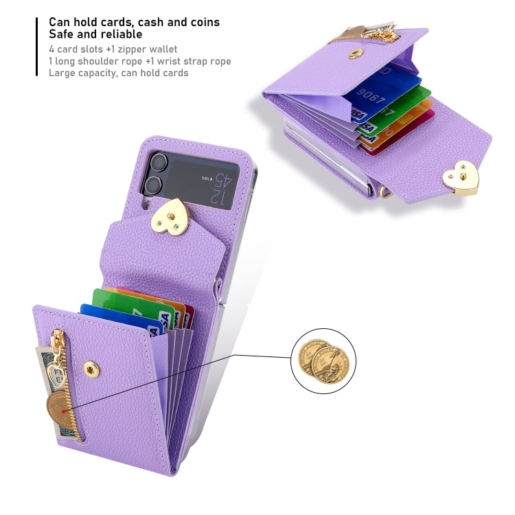 For Samsung Galaxy Z Flip4 POLA Litchi Texture Love Buckle Multi-Card Slots Zipper Wallet Phone Case(Purple)