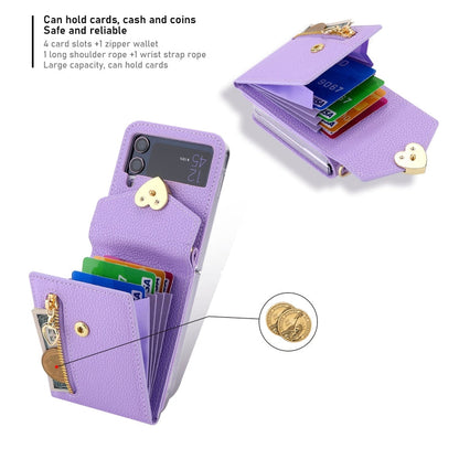 For Samsung Galaxy Z Flip4 POLA Litchi Texture Love Buckle Multi-Card Slots Zipper Wallet Phone Case(Purple)