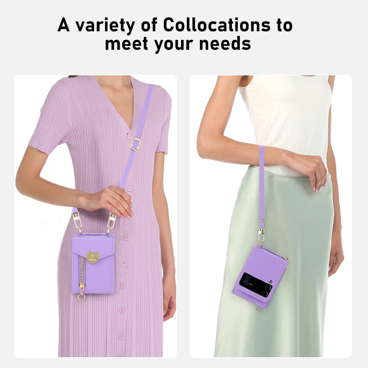 For Samsung Galaxy Z Flip4 POLA Litchi Texture Love Buckle Multi-Card Slots Zipper Wallet Phone Case(Purple)