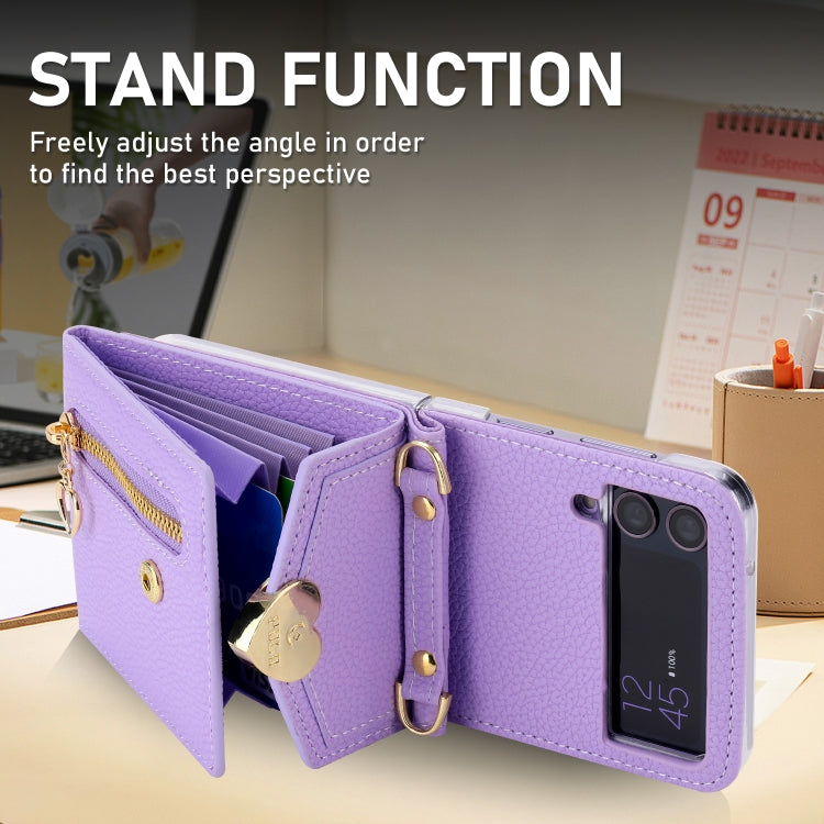For Samsung Galaxy Z Flip4 POLA Litchi Texture Love Buckle Multi-Card Slots Zipper Wallet Phone Case(Purple)