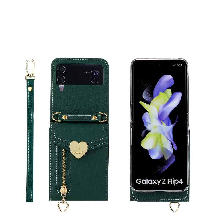 Pour Samsung Galaxy Z Flip4, étui portefeuille avec fermeture éclair, texture Litchi, boucle en forme de cœur, plusieurs emplacements pour cartes (vert)