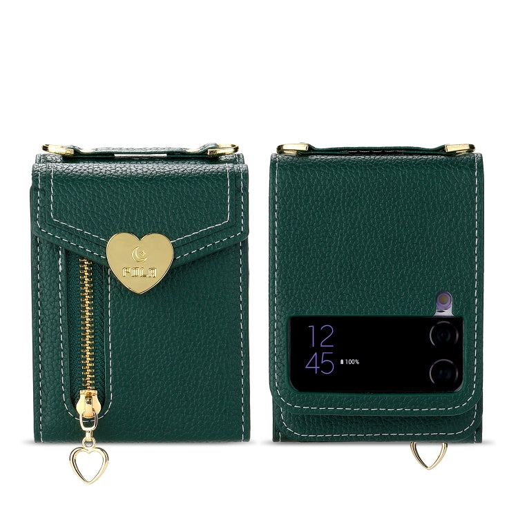 Pour Samsung Galaxy Z Flip4, étui portefeuille avec fermeture éclair, texture Litchi, boucle en forme de cœur, plusieurs emplacements pour cartes (vert)
