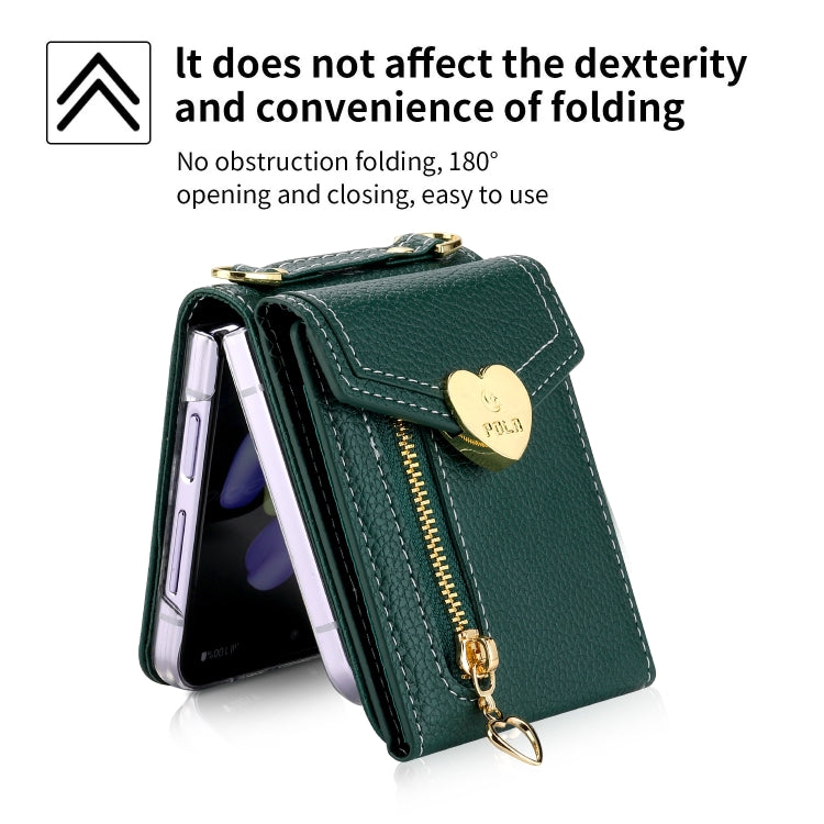 Pour Samsung Galaxy Z Flip4, étui portefeuille avec fermeture éclair, texture Litchi, boucle en forme de cœur, plusieurs emplacements pour cartes (vert)