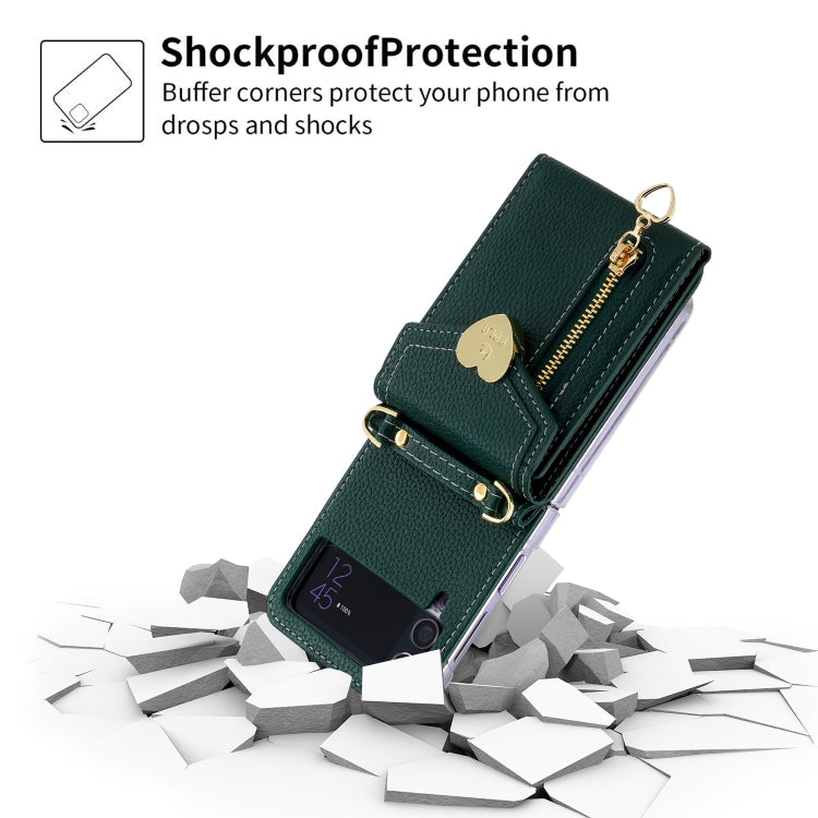 Pour Samsung Galaxy Z Flip4, étui portefeuille avec fermeture éclair, texture Litchi, boucle en forme de cœur, plusieurs emplacements pour cartes (vert)