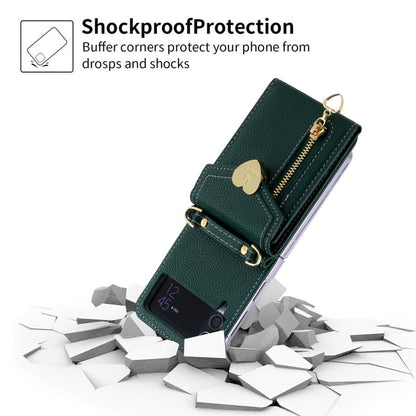 Pour Samsung Galaxy Z Flip4, étui portefeuille avec fermeture éclair, texture Litchi, boucle en forme de cœur, plusieurs emplacements pour cartes (vert)
