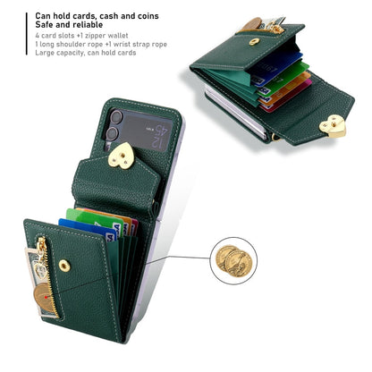 Pour Samsung Galaxy Z Flip4, étui portefeuille avec fermeture éclair, texture Litchi, boucle en forme de cœur, plusieurs emplacements pour cartes (vert)