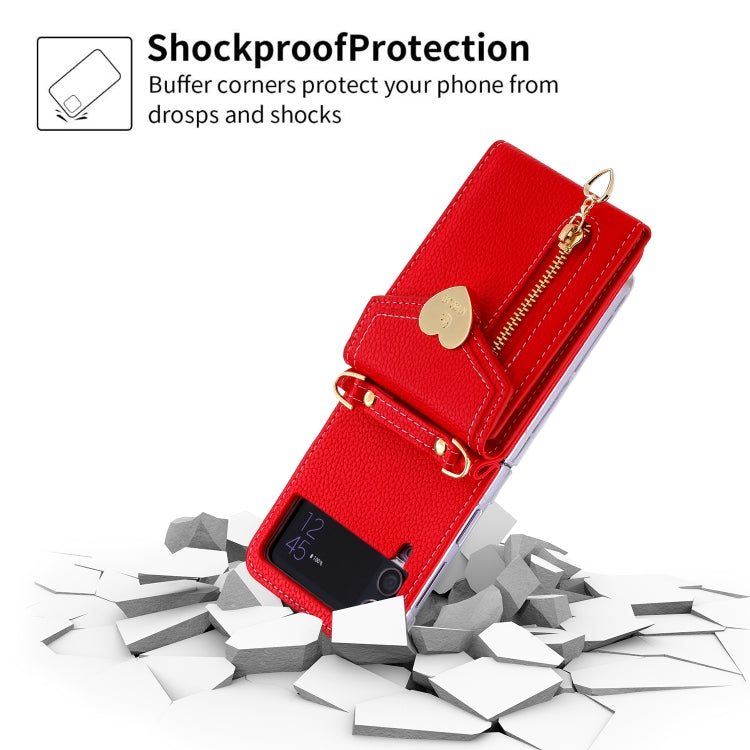 For Samsung Galaxy Z Flip4 POLA Litchi Texture Love Buckle Multi-Card Slots Zipper Wallet Phone Case(Red)
