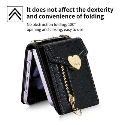 For Samsung Galaxy Z Flip4 POLA Litchi Texture Love Buckle Multi-Card Slots Zipper Wallet Phone Case(Black)