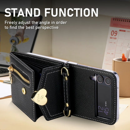 For Samsung Galaxy Z Flip4 POLA Litchi Texture Love Buckle Multi-Card Slots Zipper Wallet Phone Case(Black)