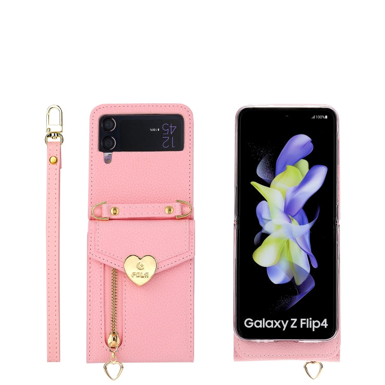 For Samsung Galaxy Z Flip4 POLA Litchi Texture Love Buckle Multi-Card Slots Zipper Wallet Phone Case(Pink)