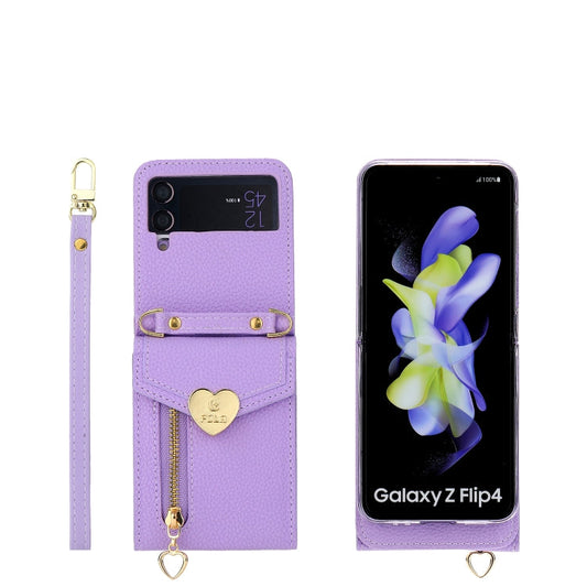 For Samsung Galaxy Z Flip3 5G POLA Litchi Texture Love Buckle Multi-Card Slots Zipper Wallet Phone Case(Purple)