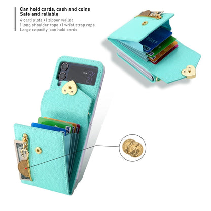 For Samsung Galaxy Z Flip3 5G POLA Litchi Texture Love Buckle Multi-Card Slots Zipper Wallet Phone Case(Blue)