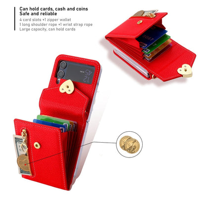 For Samsung Galaxy Z Flip3 5G POLA Litchi Texture Love Buckle Multi-Card Slots Zipper Wallet Phone Case(Red)
