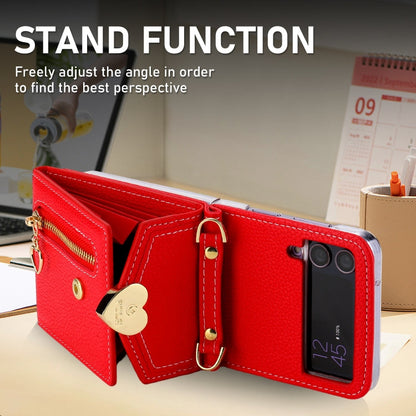 For Samsung Galaxy Z Flip3 5G POLA Litchi Texture Love Buckle Multi-Card Slots Zipper Wallet Phone Case(Red)