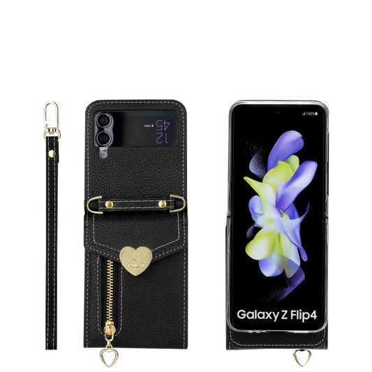 For Samsung Galaxy Z Flip3 5G POLA Litchi Texture Love Buckle Multi-Card Slots Zipper Wallet Phone Case(Black)