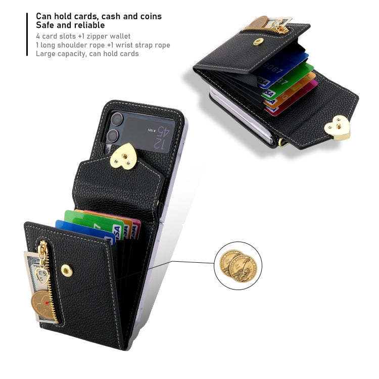 For Samsung Galaxy Z Flip3 5G POLA Litchi Texture Love Buckle Multi-Card Slots Zipper Wallet Phone Case(Black)