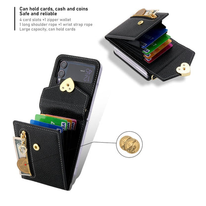 For Samsung Galaxy Z Flip3 5G POLA Litchi Texture Love Buckle Multi-Card Slots Zipper Wallet Phone Case(Black)
