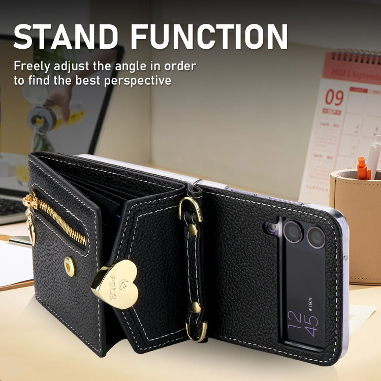 For Samsung Galaxy Z Flip3 5G POLA Litchi Texture Love Buckle Multi-Card Slots Zipper Wallet Phone Case(Black)