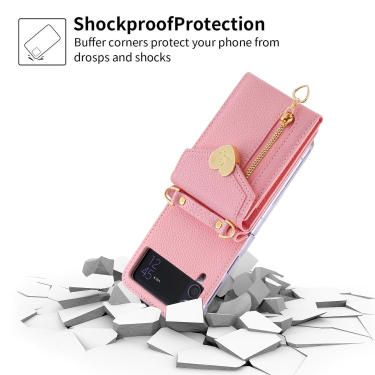 Pour Samsung Galaxy Z Flip3 5G, étui de téléphone portefeuille à fermeture éclair multi-cartes avec boucle d'amour et texture litchi (rose)