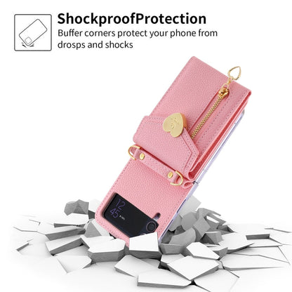 Pour Samsung Galaxy Z Flip3 5G, étui de téléphone portefeuille à fermeture éclair multi-cartes avec boucle d'amour et texture litchi (rose)
